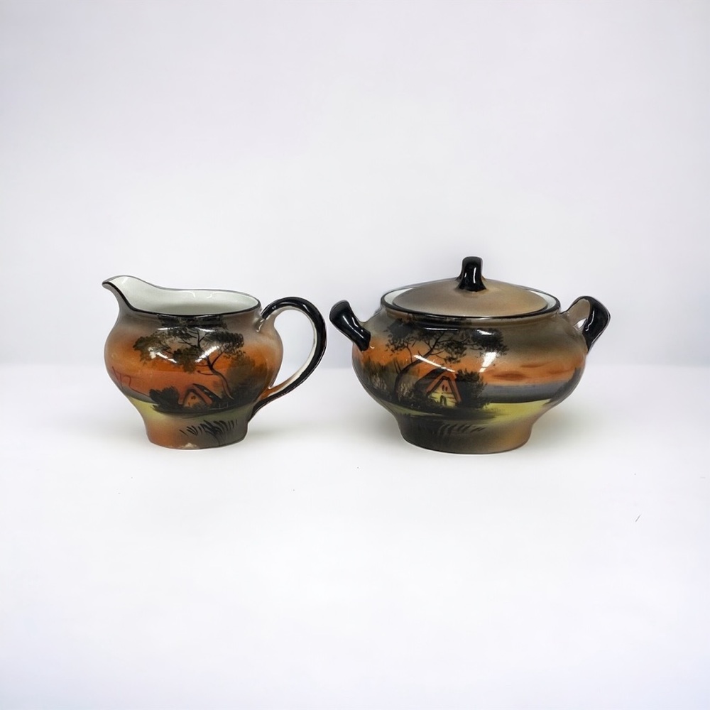 Noritake Cream & Sugar Set Hand Painted Japan Orange Black Vinatge Black  -AS IS